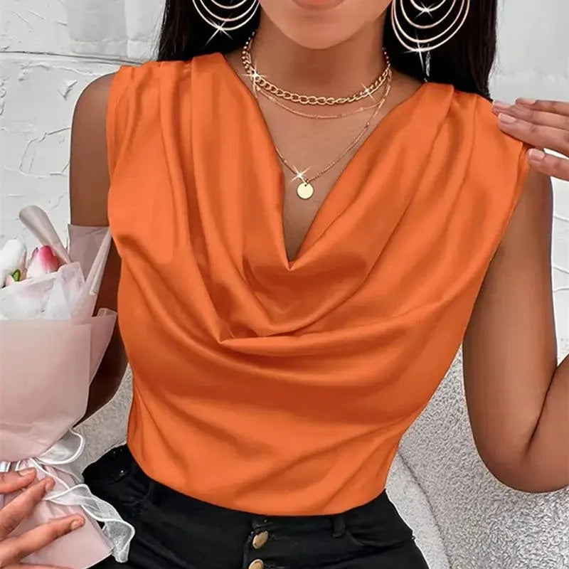 Elegant Satin Cowl Neck Tank Top in orange with sleeveless design.