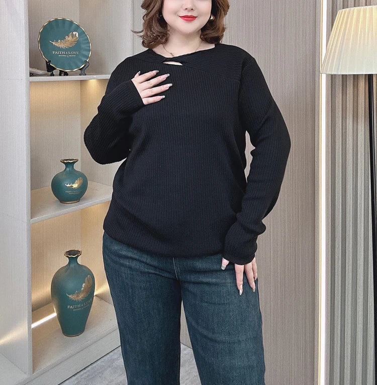 Plus Size Hollow Neck Sweater - Autumn Winter Knitwear