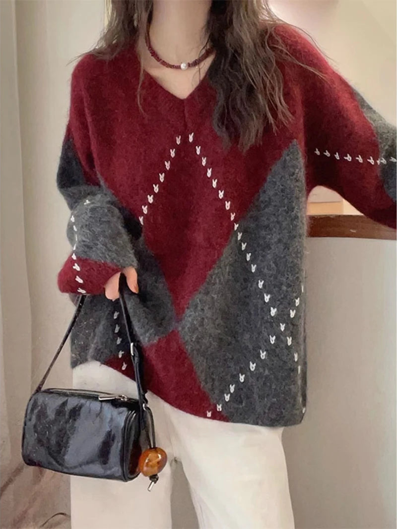 Jmprs Argyle Vintage Sweaters for Women - Cozy Korean Design