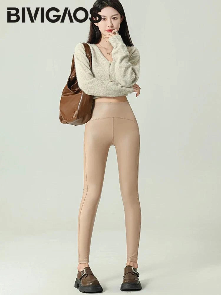 Fall Winter High-Grade Fleece PU Leather Leggings