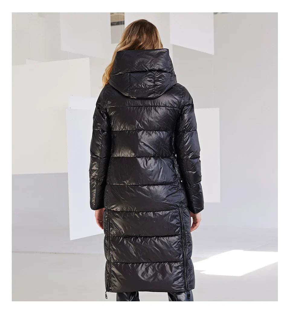 Women's black winter jacket, warm, windproof, with hood and quilted design.