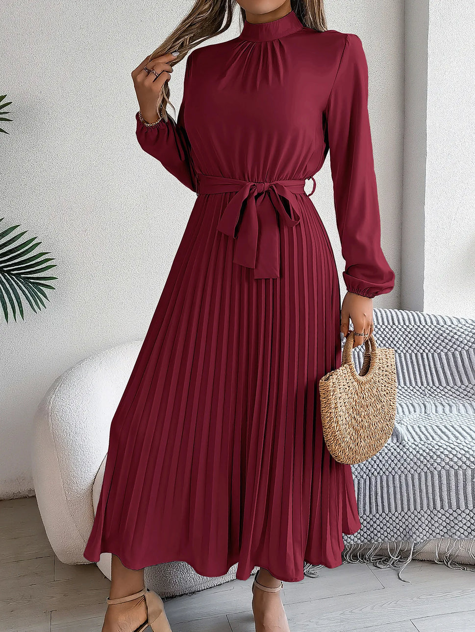 Elegant Stand-Up Collar Pleated Long Dress