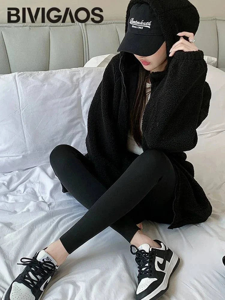 Autumn thin rabbit fleece shark leggings for women, high waist, elastic fit, ideal for winter warmth and style.