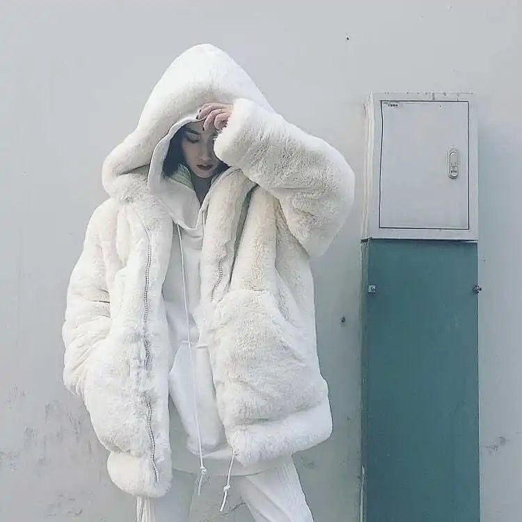 Women's Plush Faux Rabbit Fur Hooded Coat