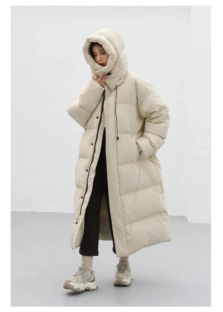 Korean-inspired women's long winter coat with hood, thick and warm.