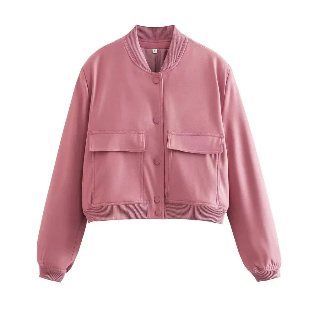 Women's fashion bomber jacket with pockets in a vintage, casual chic design.