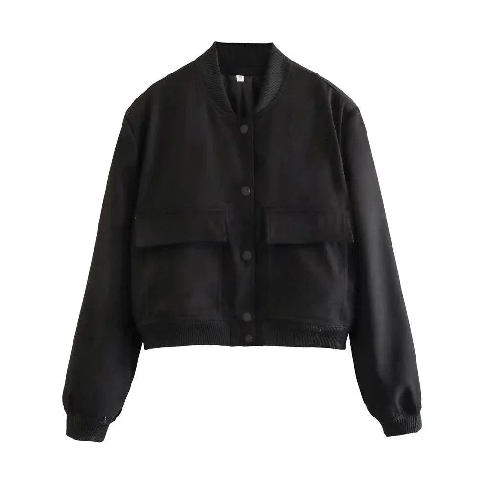 Women's vintage-inspired black bomber jacket with long sleeves, front button closure, and functional side pockets.