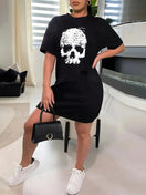 Switch Plus size skull print casual t-shirt dress with short sleeves and round neck. 1 image