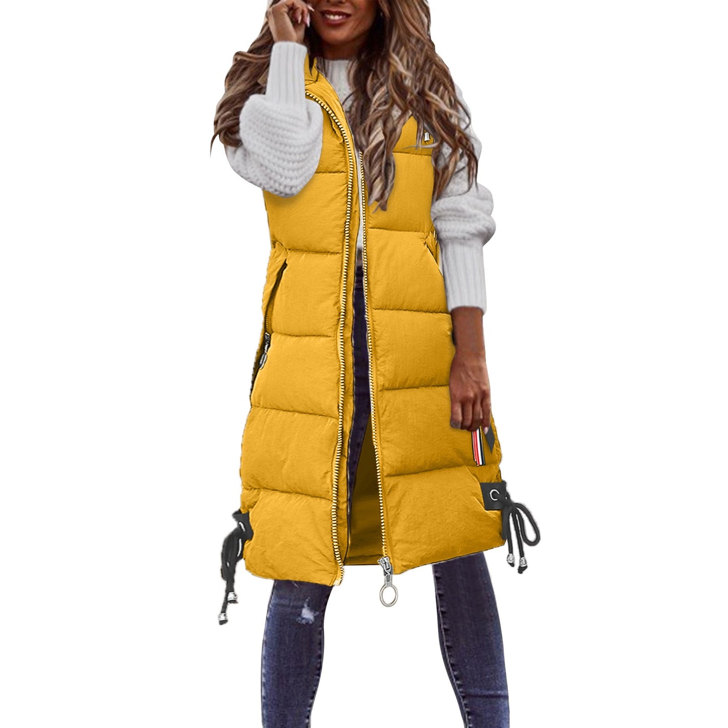 Women Solid Hooded Vest Zipper Pocket