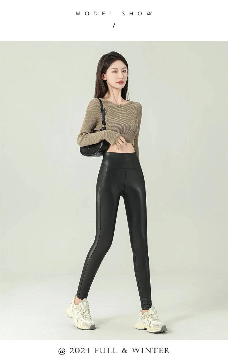 Fall Winter High-Grade Fleece PU Leather Leggings