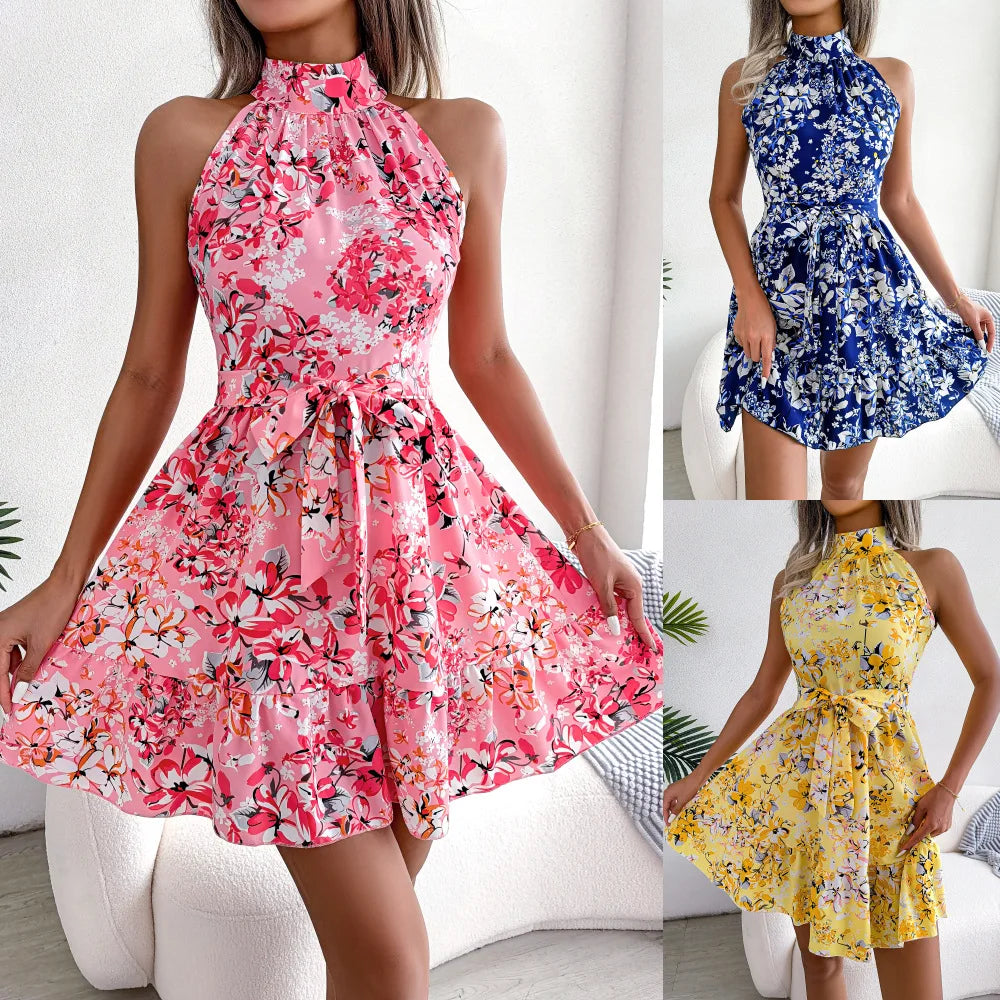 Floral Halter Neck Ruffled A-Line Dress