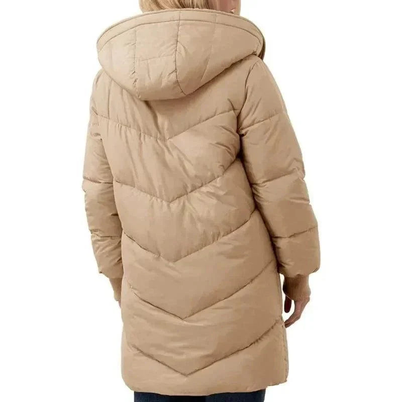 Cotton-padded double-sided velvet fleece parka with hood, slim-fit design, beige color, winter coat for women.