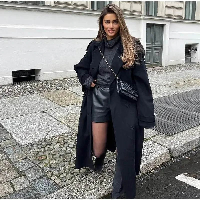 Elegant Black Woolen Long Coat with Belt