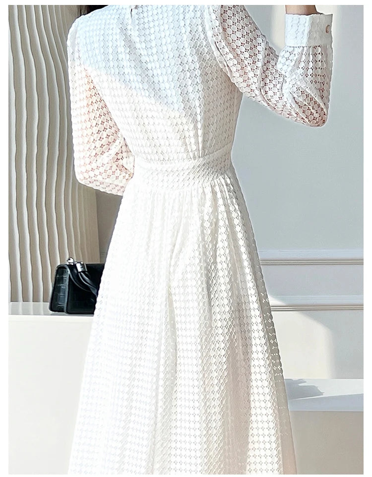 Elegant Lace Long Sleeve White Midi Dress