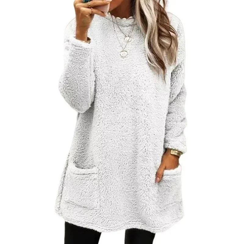 Autumn Winter O Neck Pullover Plush Hoodie for Women