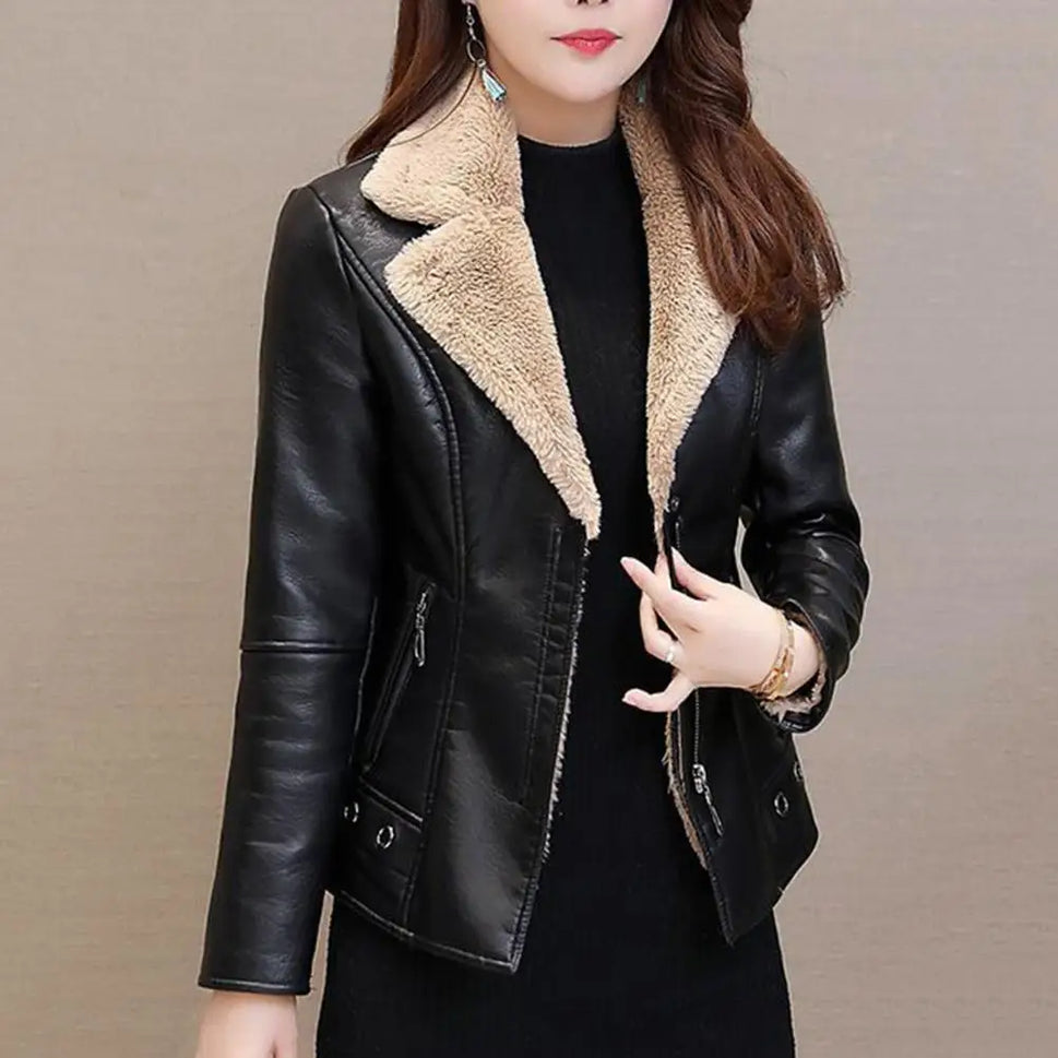 Plush Lapels Faux Leather Jacket for Women