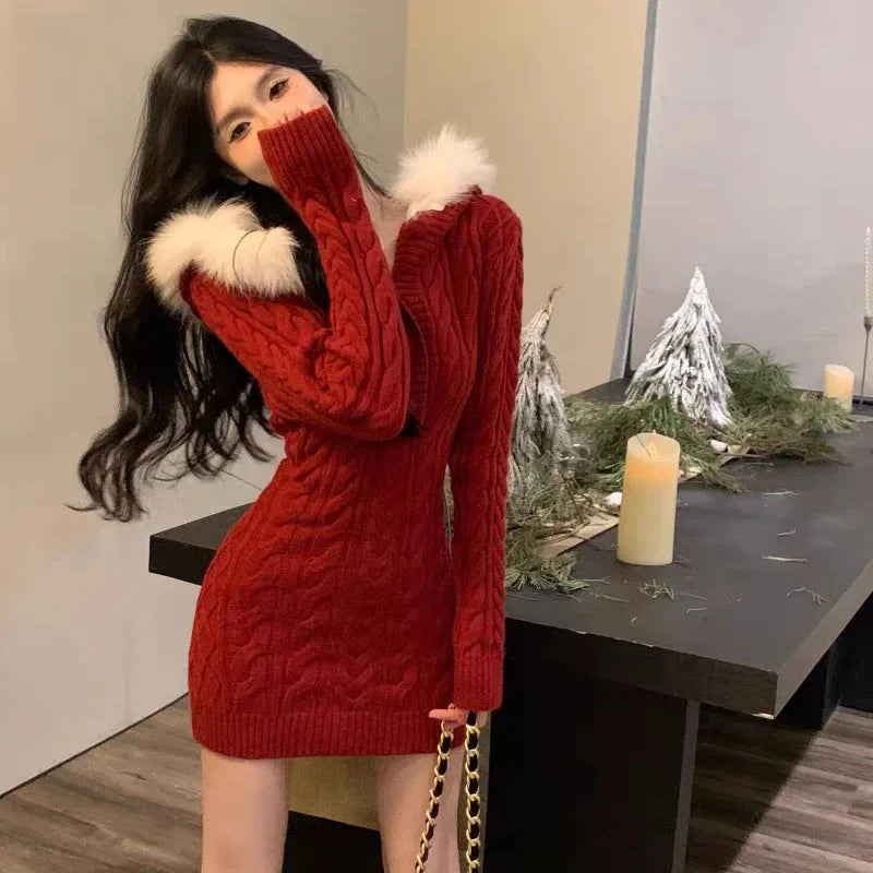 Elegant Christmas Red Hooded Sweater Dress