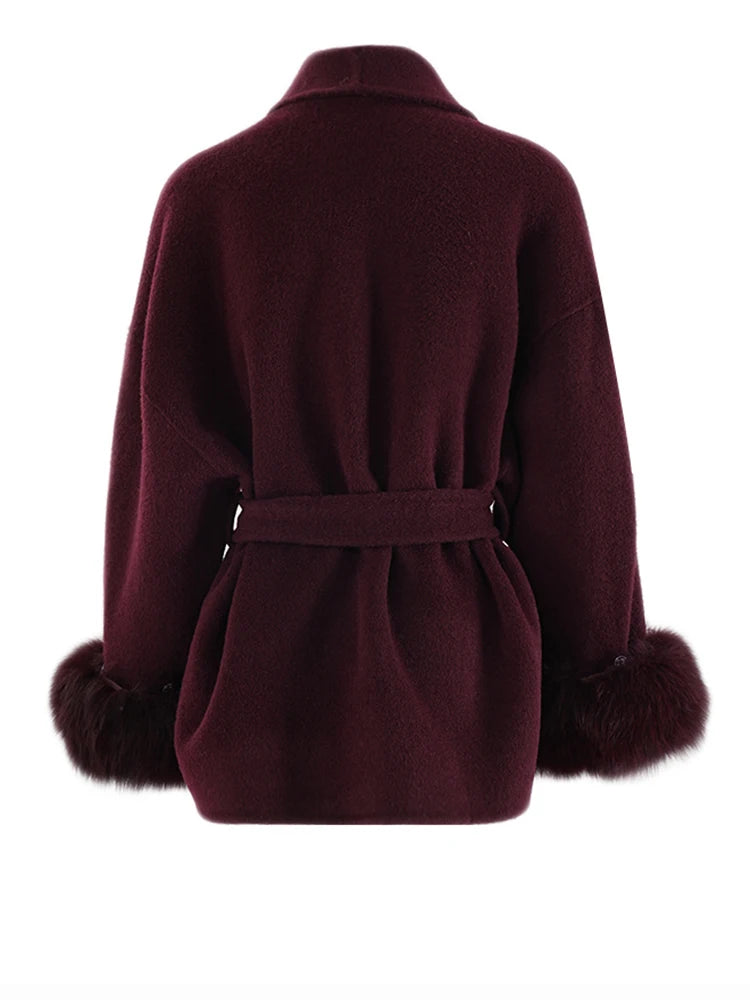 ZMEENNA Wine Red Fur Cuff Belted Woolen Coat for Women