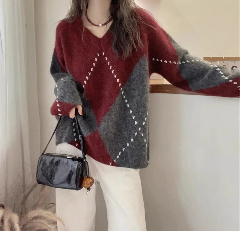 Jmprs Argyle Vintage Sweaters for Women - Cozy Korean Design