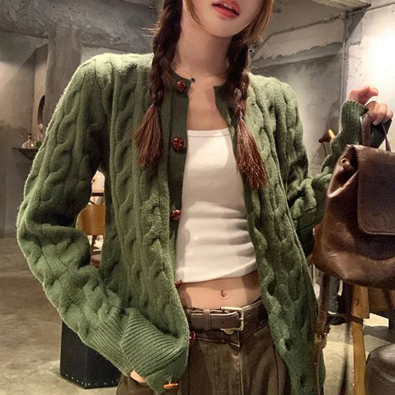 Vintage High-Quality Solid Color Knitted Cardigan Sweater for Women