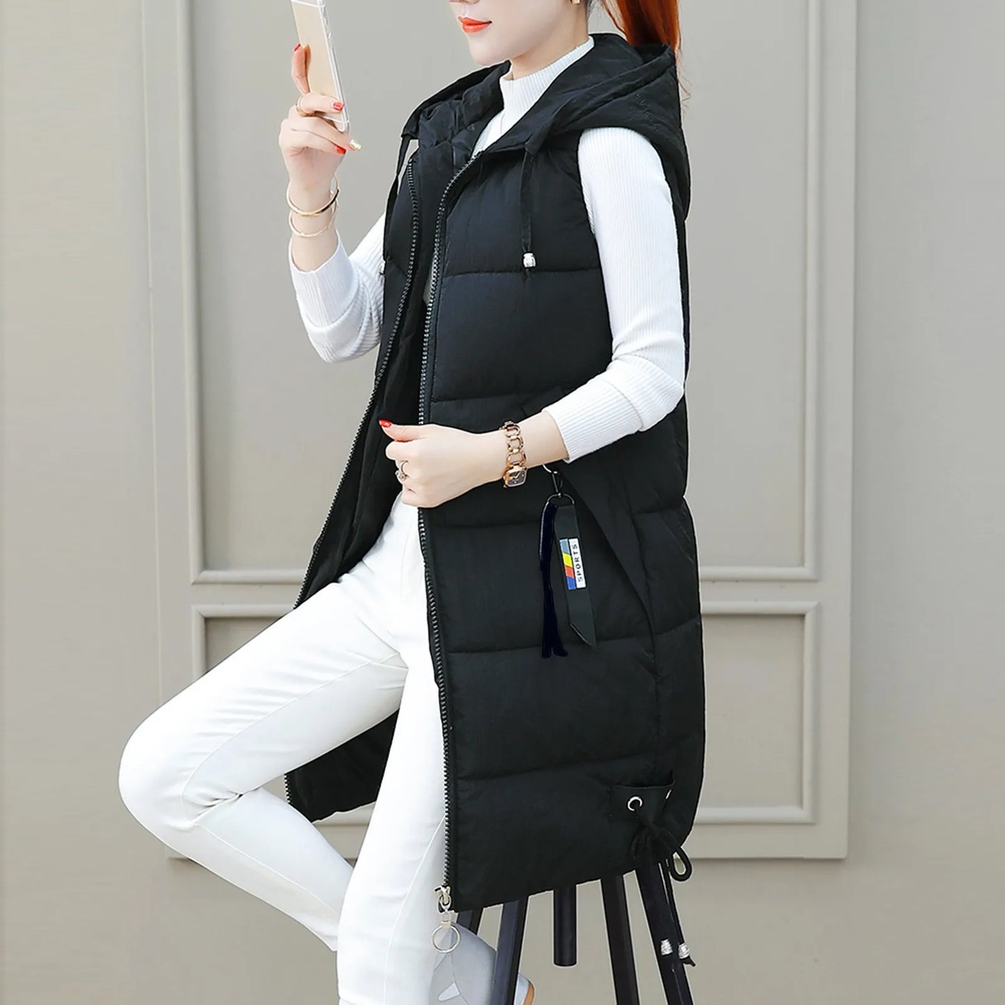 Women Solid Hooded Vest Zipper Pocket