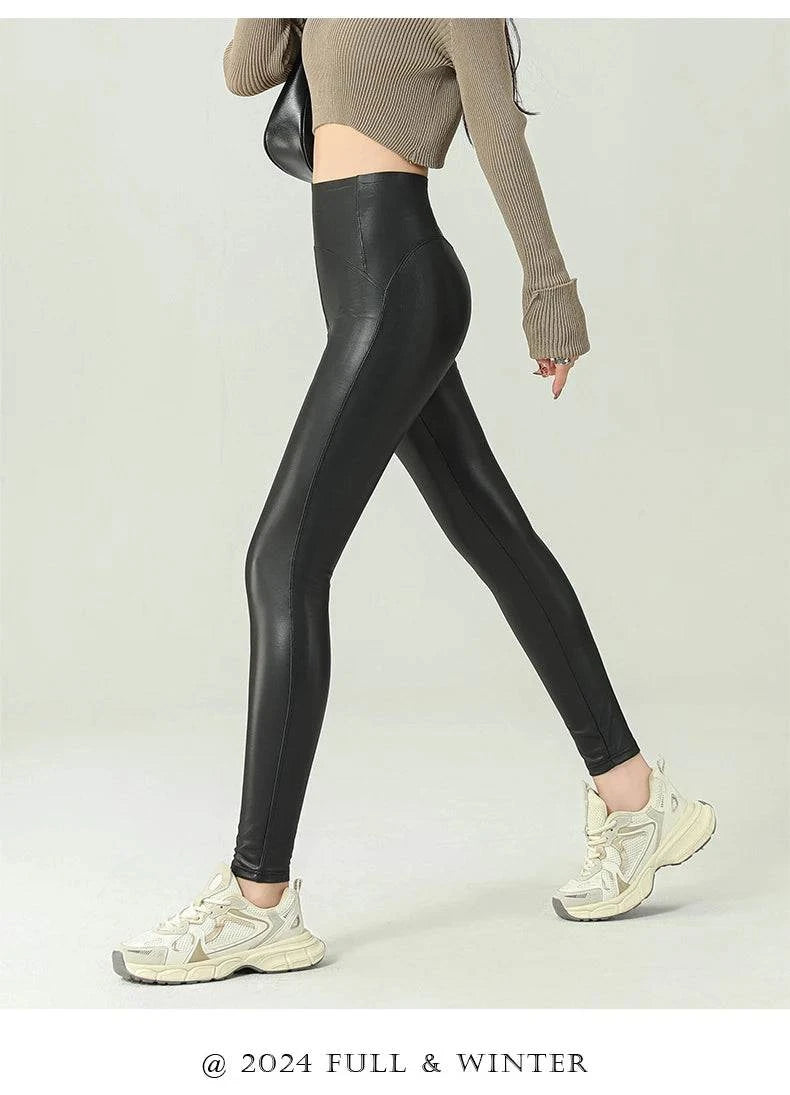 Fall Winter High-Grade Fleece PU Leather Leggings