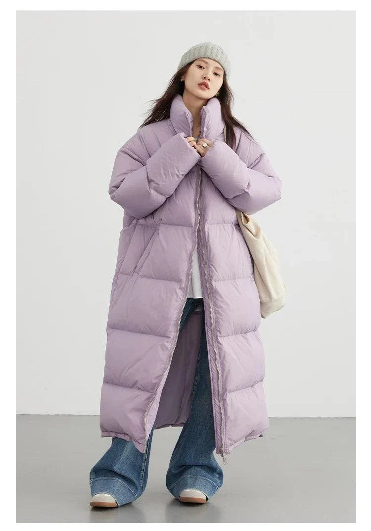 Women's long down coat, thick and warm, loose casual jacket for autumn/winter 2023.