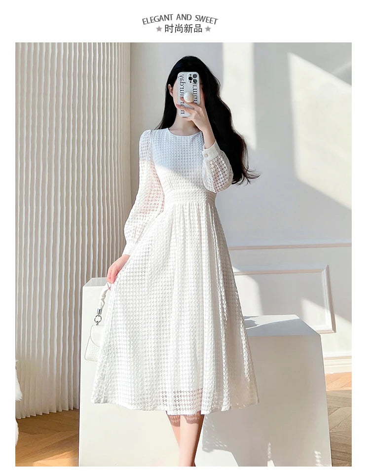 Elegant Lace Long Sleeve White Midi Dress