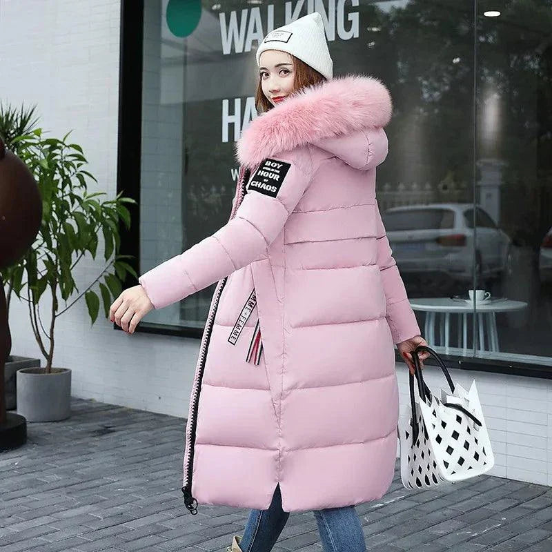 Winter Fashion Fur Collar Hoodie Parka in pink, women's casual zipper puffer coat, stylish and warm design.