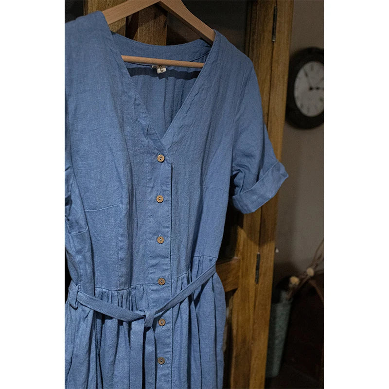 Retro V-Neck Cotton Linen Maxi Dress