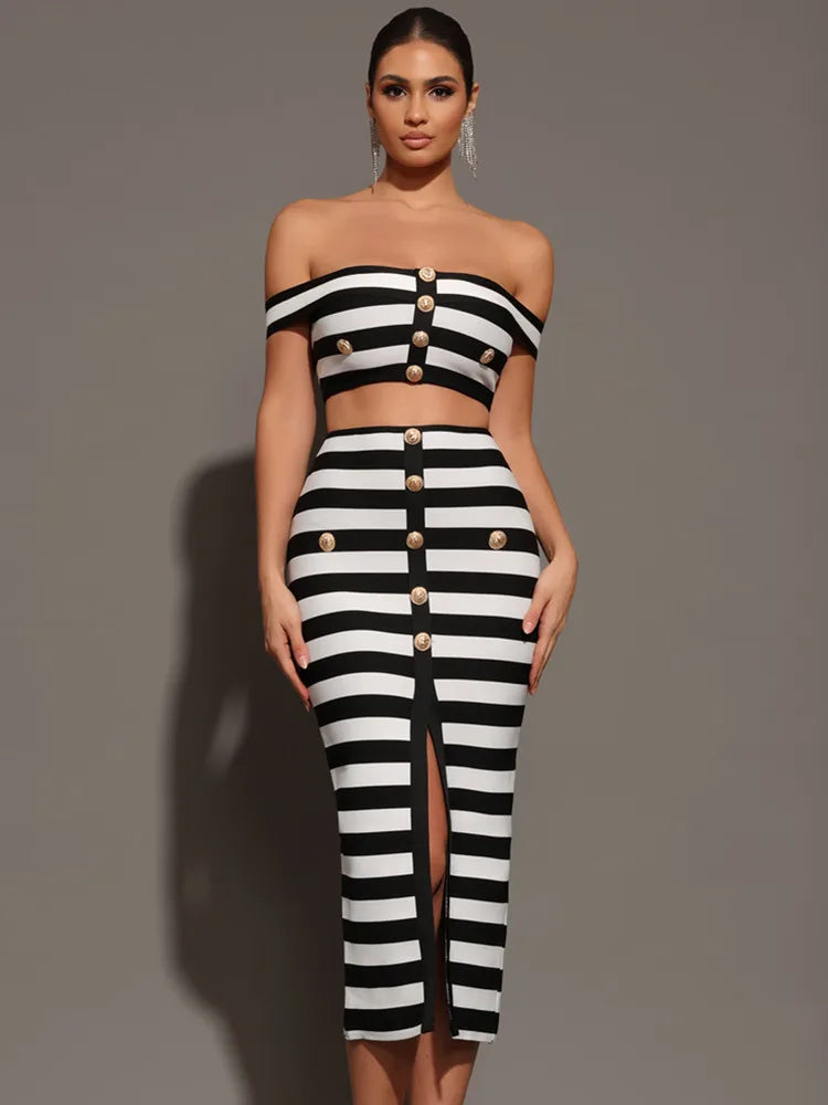 Striped Off-Shoulder Two-Piece Mini Set