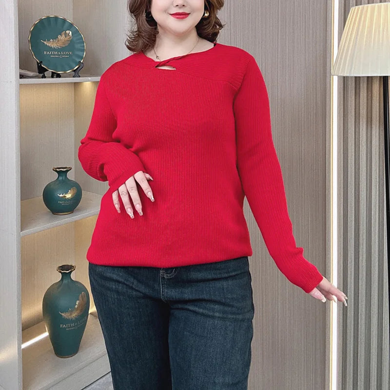 Plus Size Hollow Neck Sweater - Autumn Winter Knitwear