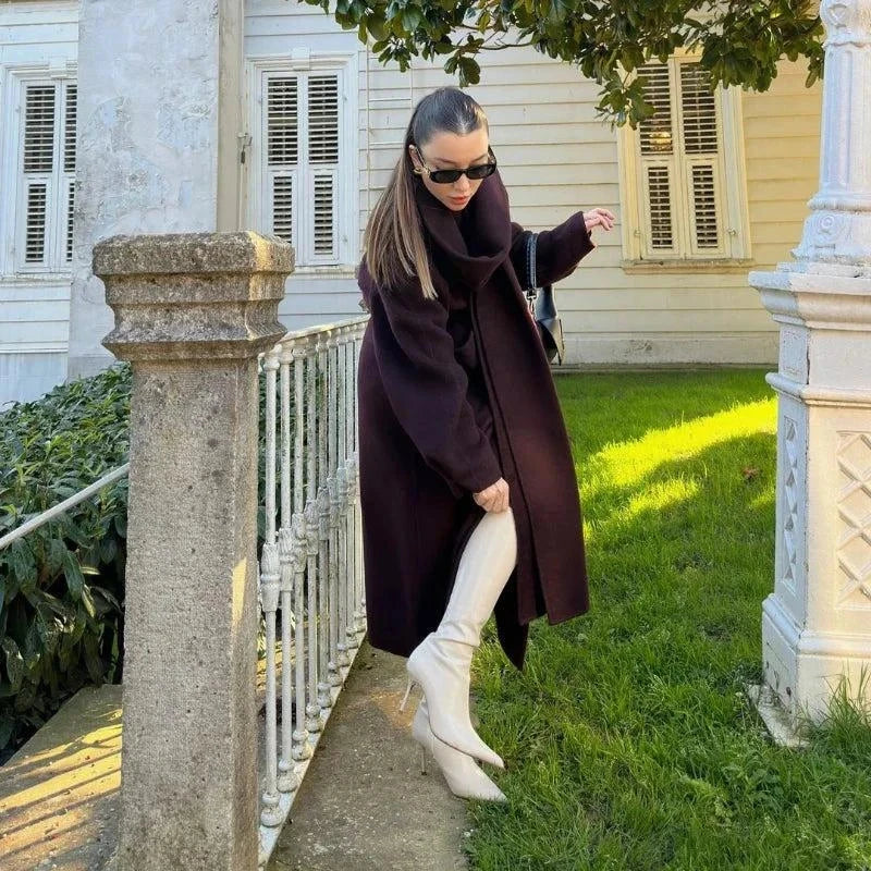 Fashion Ancora Red Scarf Collar Cape Coat, oversized woolen outerwear with unique scarf collar, vibrant red color, chic and warm for winter fashion.