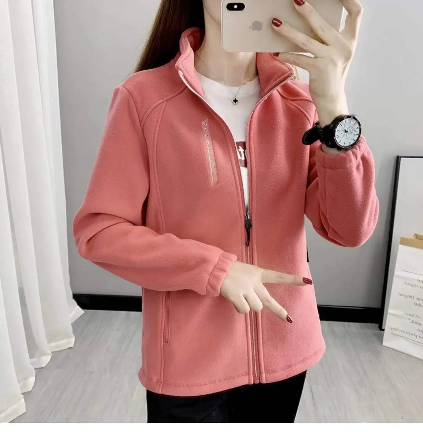 Plus size fleece coat for women, warm and stylish, ideal for winter and spring outdoor activities.