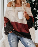 Switch Off Shoulder Color Block Knit Sweater for Women 1 image