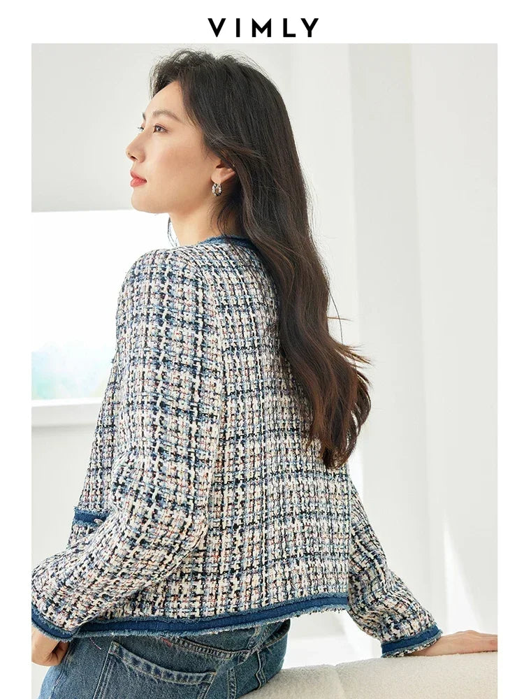 Vimly Plaid Tweed Cropped Jacket for Women