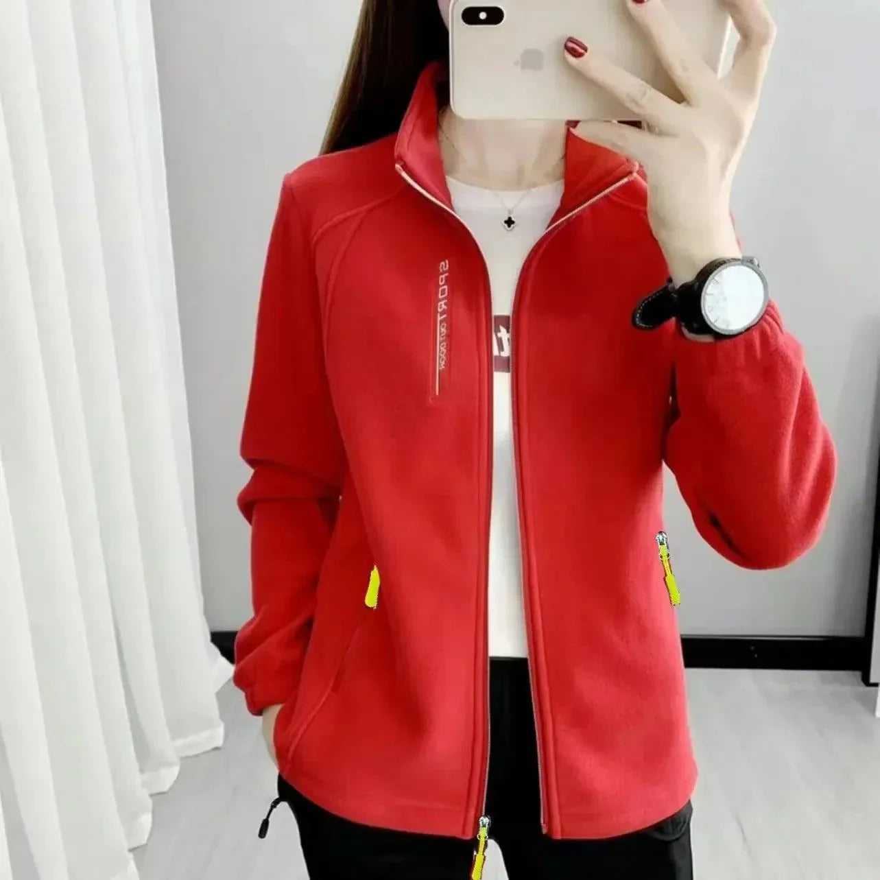 Plus size women's red fleece coat for outdoor activities, perfect for winter and spring.