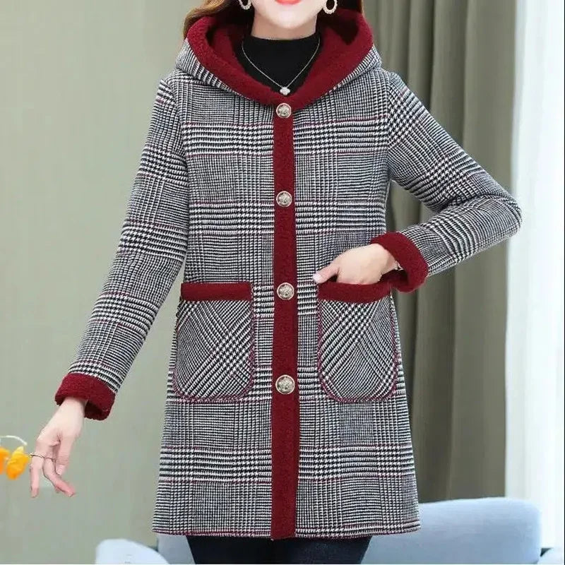 Add Velvet Plaid Coat for Women