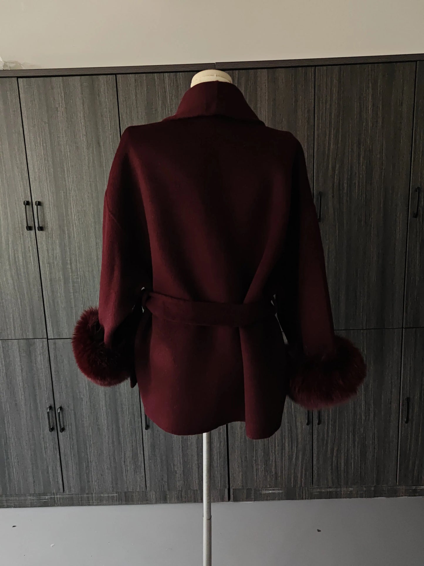 ZMEENNA Wine Red Fur Cuff Belted Woolen Coat for Women