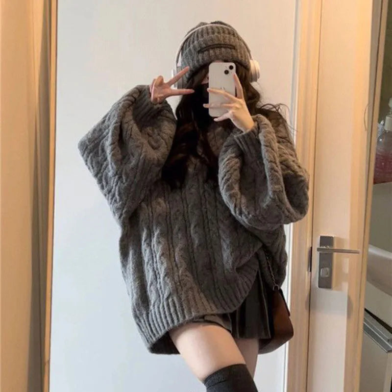 Autumn Winter Oversized V-Neck Knitted Sweater