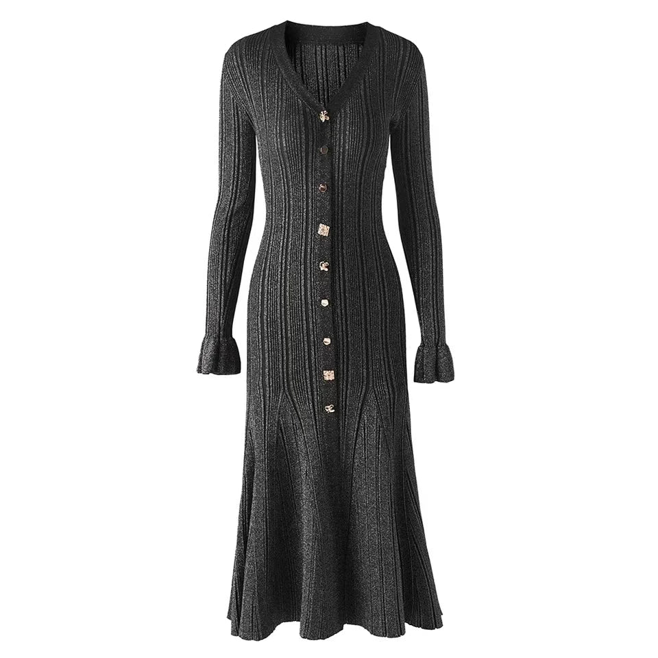 New Autumn Winter Women's V Neck Knitted Long Sleeve Dress