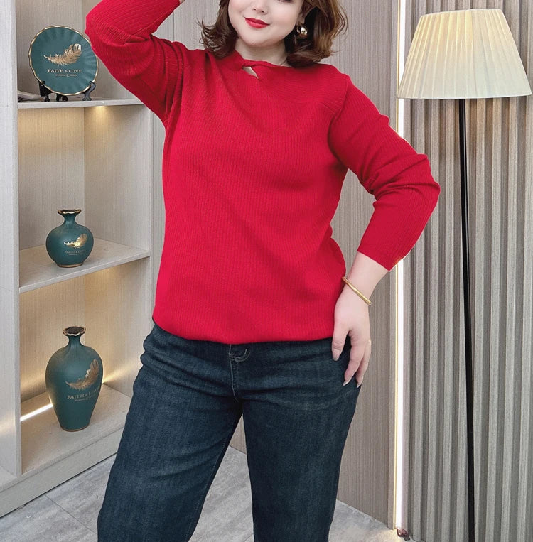 Plus Size Hollow Neck Sweater - Autumn Winter Knitwear