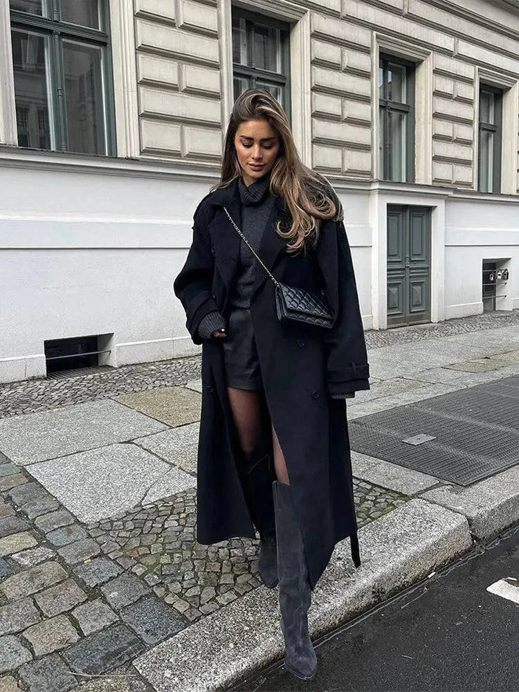 Elegant Black Woolen Long Coat with Belt