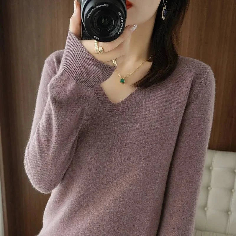 Cashmere Women's V-Neck Pullover Sweater, casual knitted design, long sleeve, soft and warm.