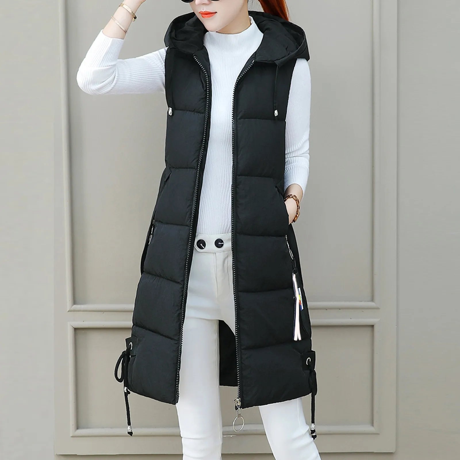 Women Solid Hooded Vest Zipper Pocket