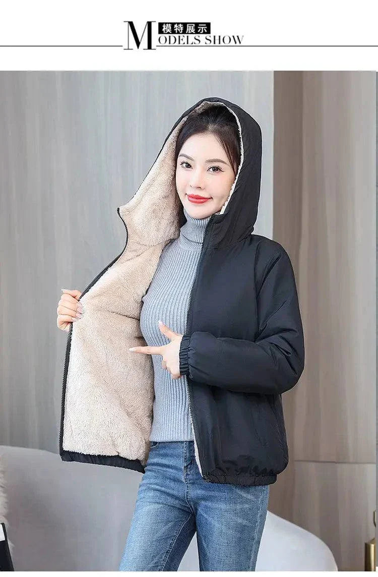 Women's winter fleece hooded jacket with plush interior lining, casual outdoor windproof design.