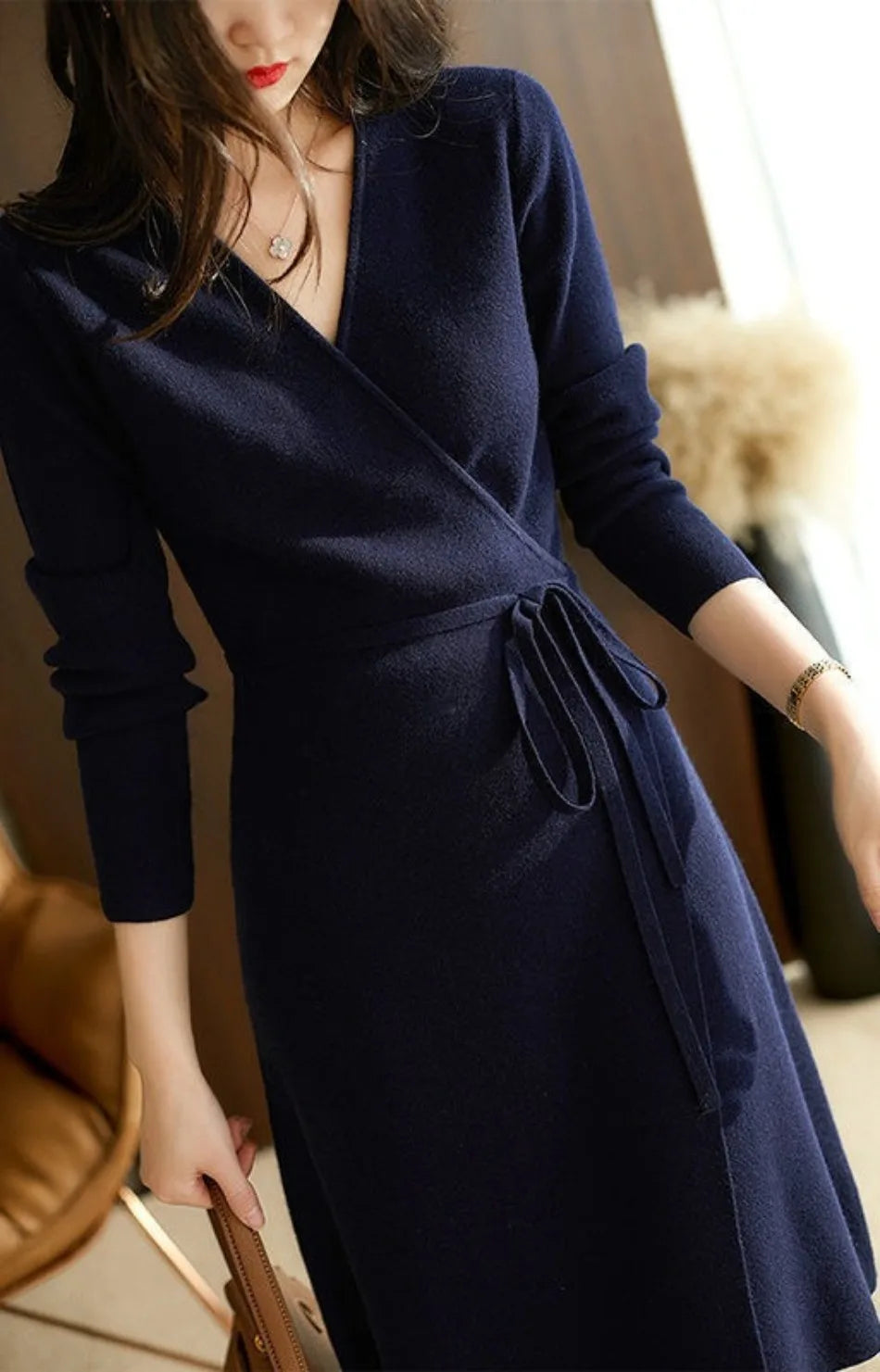 V-Neck Wrap-Up Knitted Dress for Women