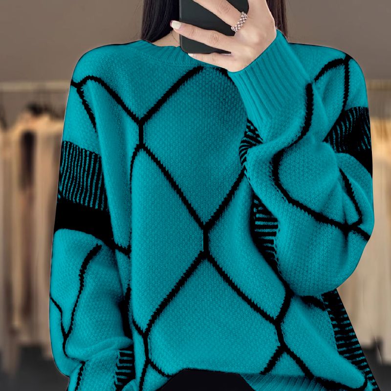 Autumn Winter Contrast Color Plaid Long Sleeve Sweater for Women