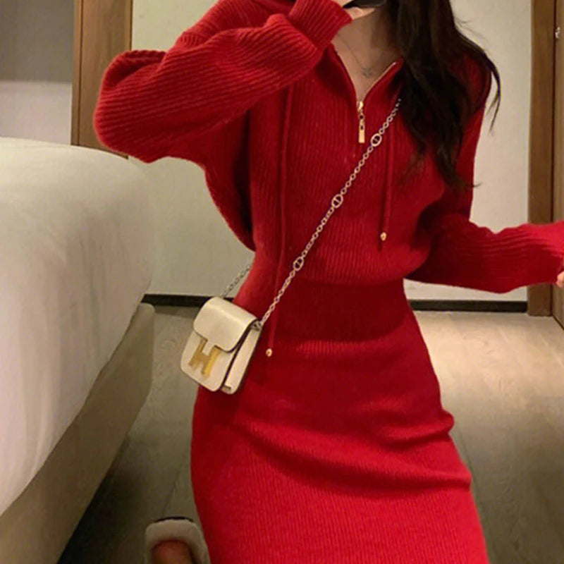 Autumn & Winter Red Hooded Knitted Dress