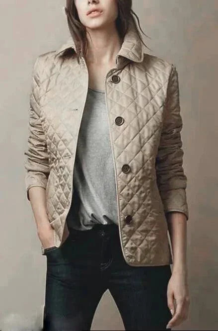 Quilted winter coat for women with turn-down collar and single-breasted design.